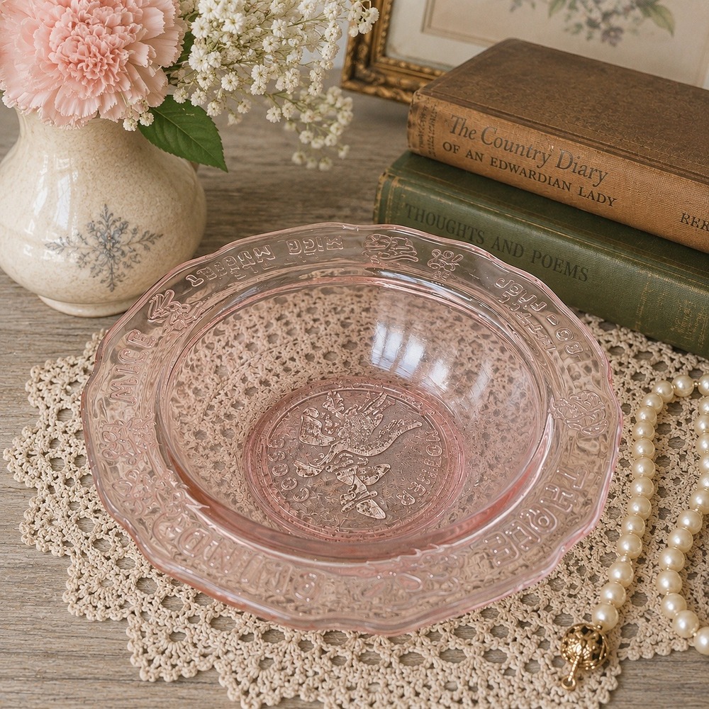 Tiara Exclusives Pink‎ Depression Glass Mother Goose Nursery Rhyme Bowl 6.5in
